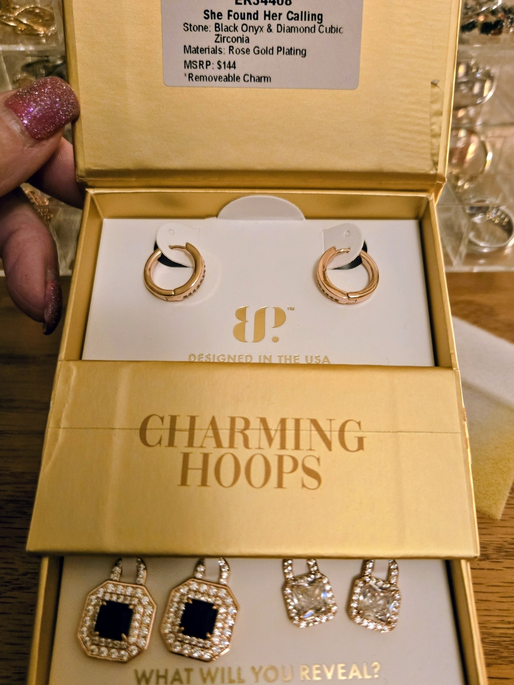 bp Rose Gold Hoop Earrings with Black Onyx Charm Set